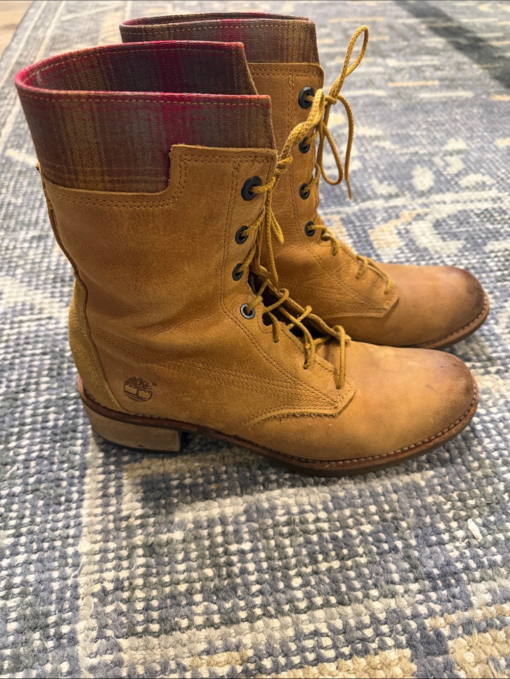 Timberland Women's Wheat Suede Lace-Up Ankle Boots with Plaid Cuff